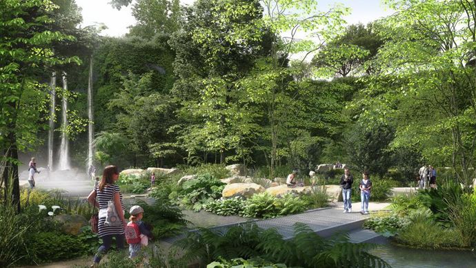 Perspective 3D de la partie ouest du jardin. Ce site offre l’opportunité de créer un jardin urbain extraordinaire, destiné aux habitants et aux visiteurs locaux, nationaux et internationaux. C’est autant pour ses atouts géographiques que pour ses qualités naturelles que la carrière a été choisie pour accueillir en 2019 ce grand jardin public, gratuit et accessible à tous. © Phytolab